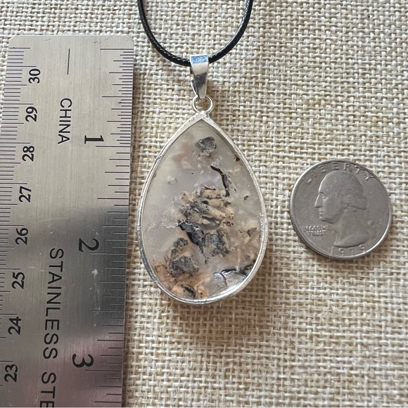 New Tiger Dendrite Dendritic Agate Stone Silver Overlay Pendant Necklace w Cord - Picture 4 of 5